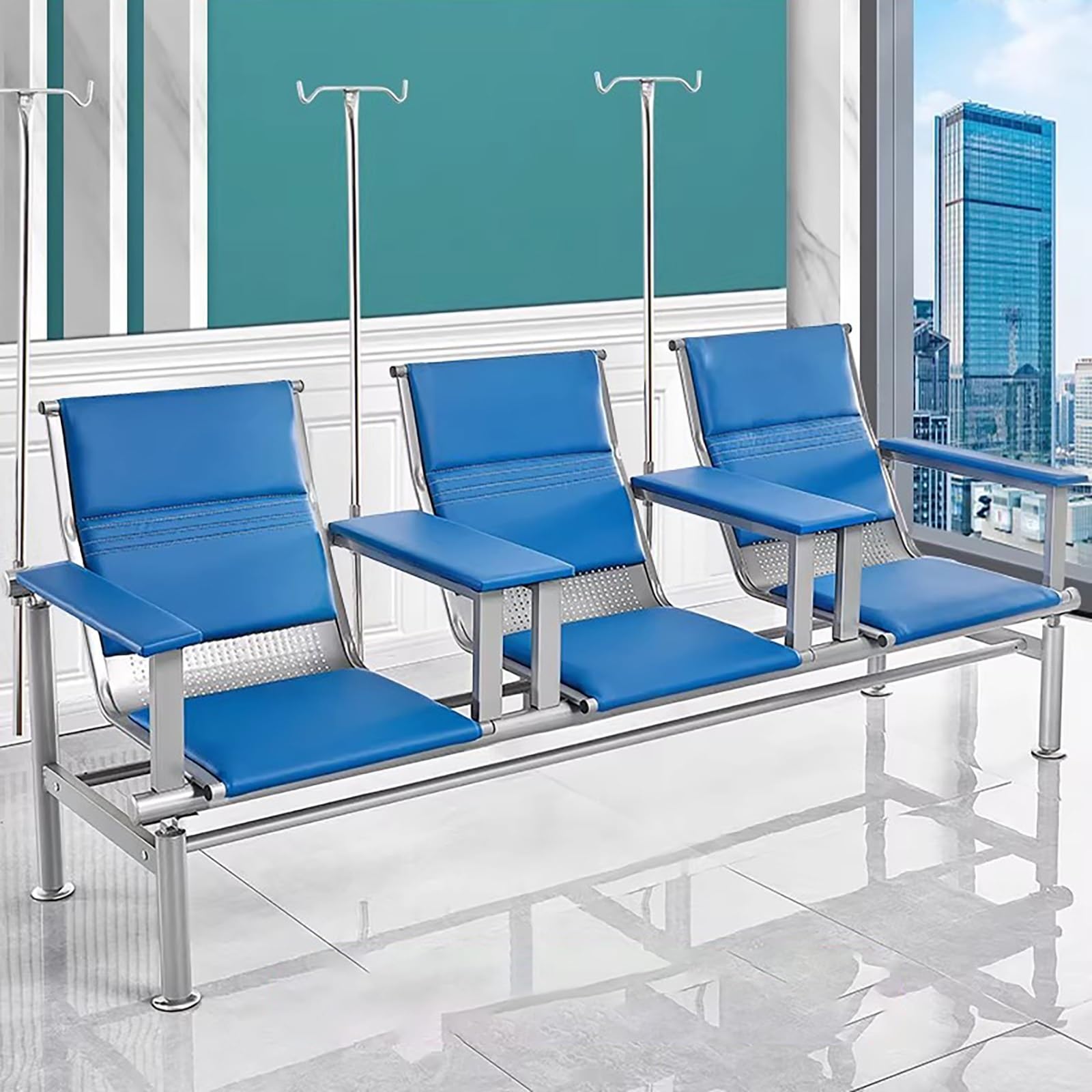 Waiting Room Chairs,Premium Phlebotomy Chair with Armrests, Comfortable Leather Infusion Chair, 2-Seat Waiting Room Bench with IV Pole, Ideal Reception Seating for Lobbi(A-blub2-leather Armrest)