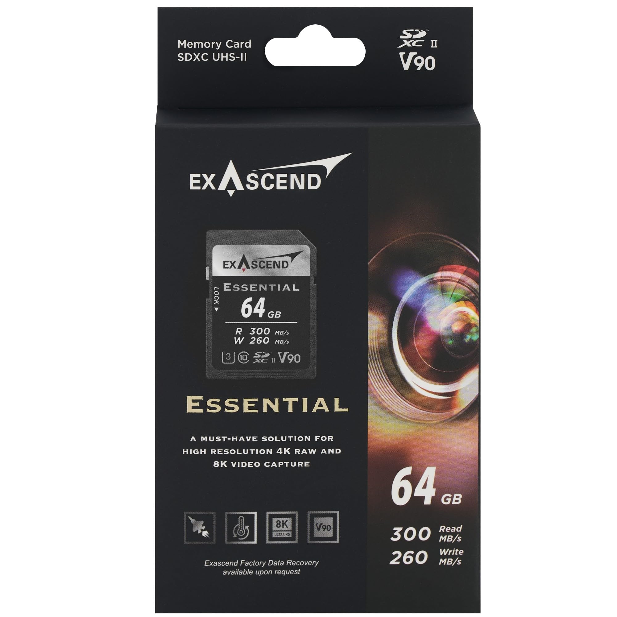 Exascend Essential - Tarjeta de memoria SDXC UHS-II V90 de 64 GB, 4K UHD de hasta 260 MB/s, velocidades de escritura, UHS-II, clase 10, U3, V90