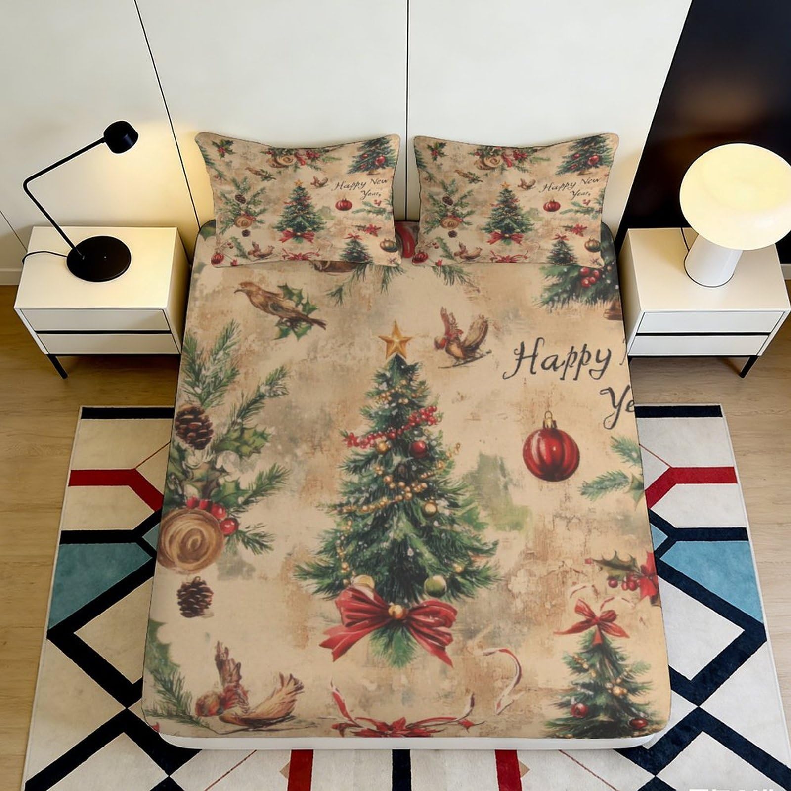 3D Printed Christmas Tree Fitted Sheet Microfiber Soft Festive Decor Red Ornament Mattress Cover for Bedroom Dorm 90x200x25cm