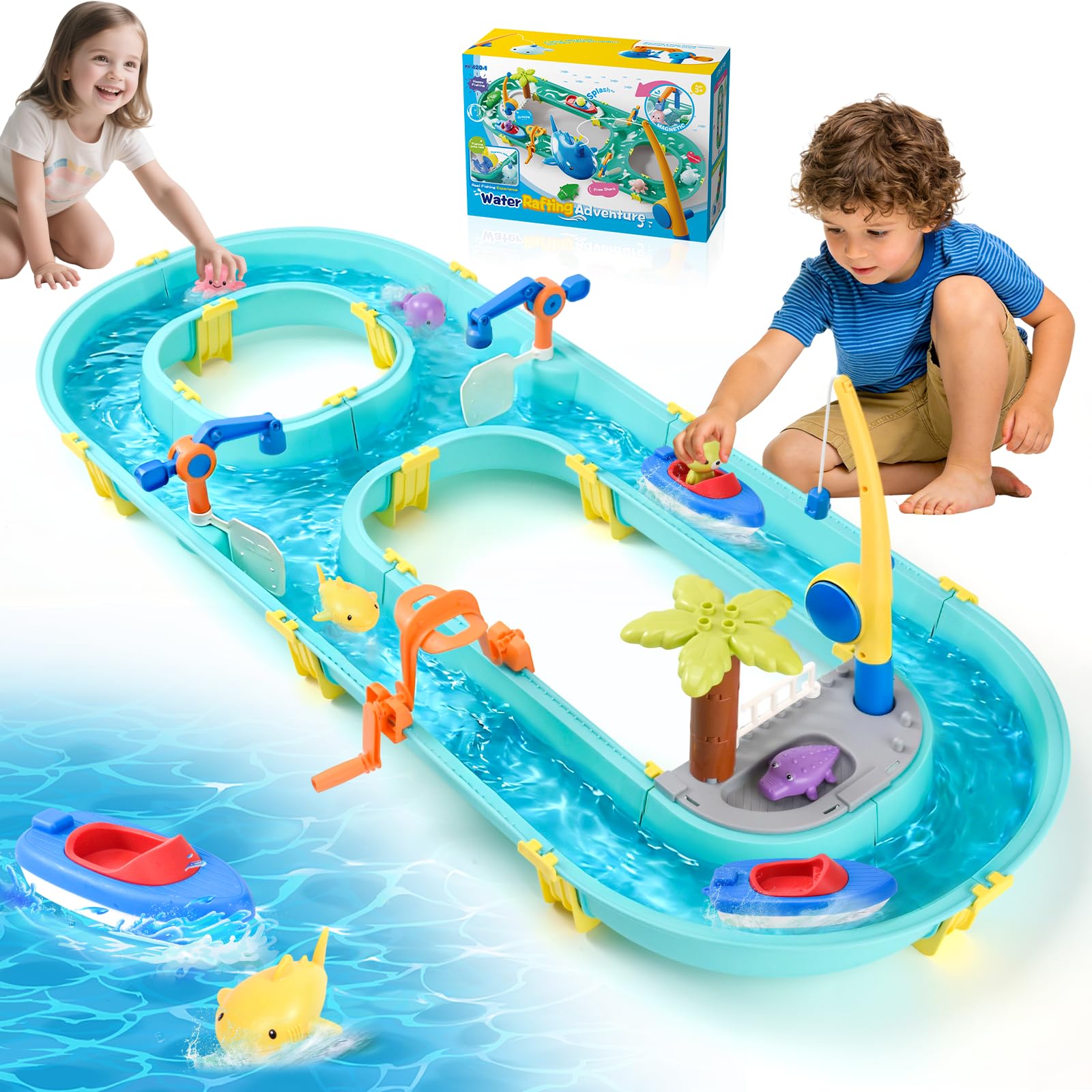 Juego de Agua con Circuito Acuático, 58 Piezas Mesa de Agua para Niños con Barcos - con Caña de Pescar Magnética y Figuras de Animales para Diversión en el Agua a Partir de 3 Años