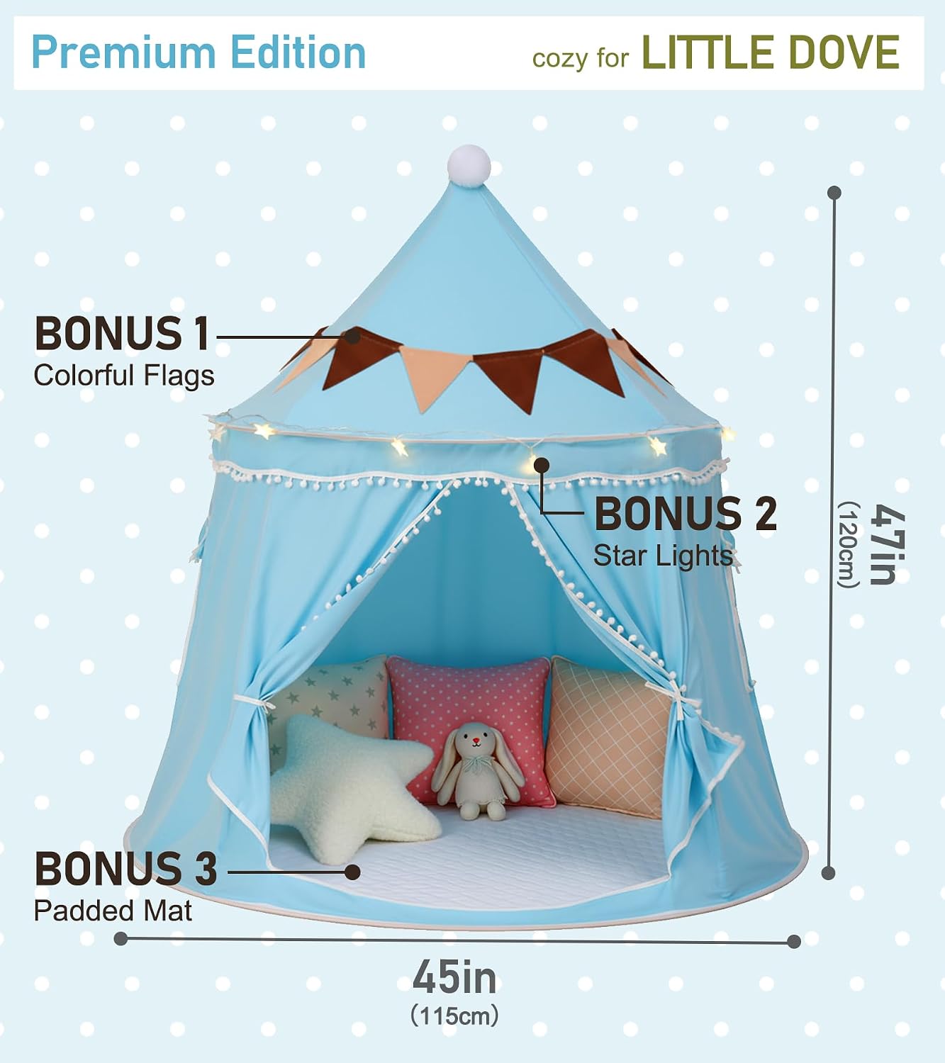 Play Tent with Padded Mat, Star Lights and Flags, Large Playhouse Kids Castle Tents, Indoor Outdoor Game Tent, Portable Children Yurt Tents, Gift for Boys & Girls, 47''x45'', Blue
