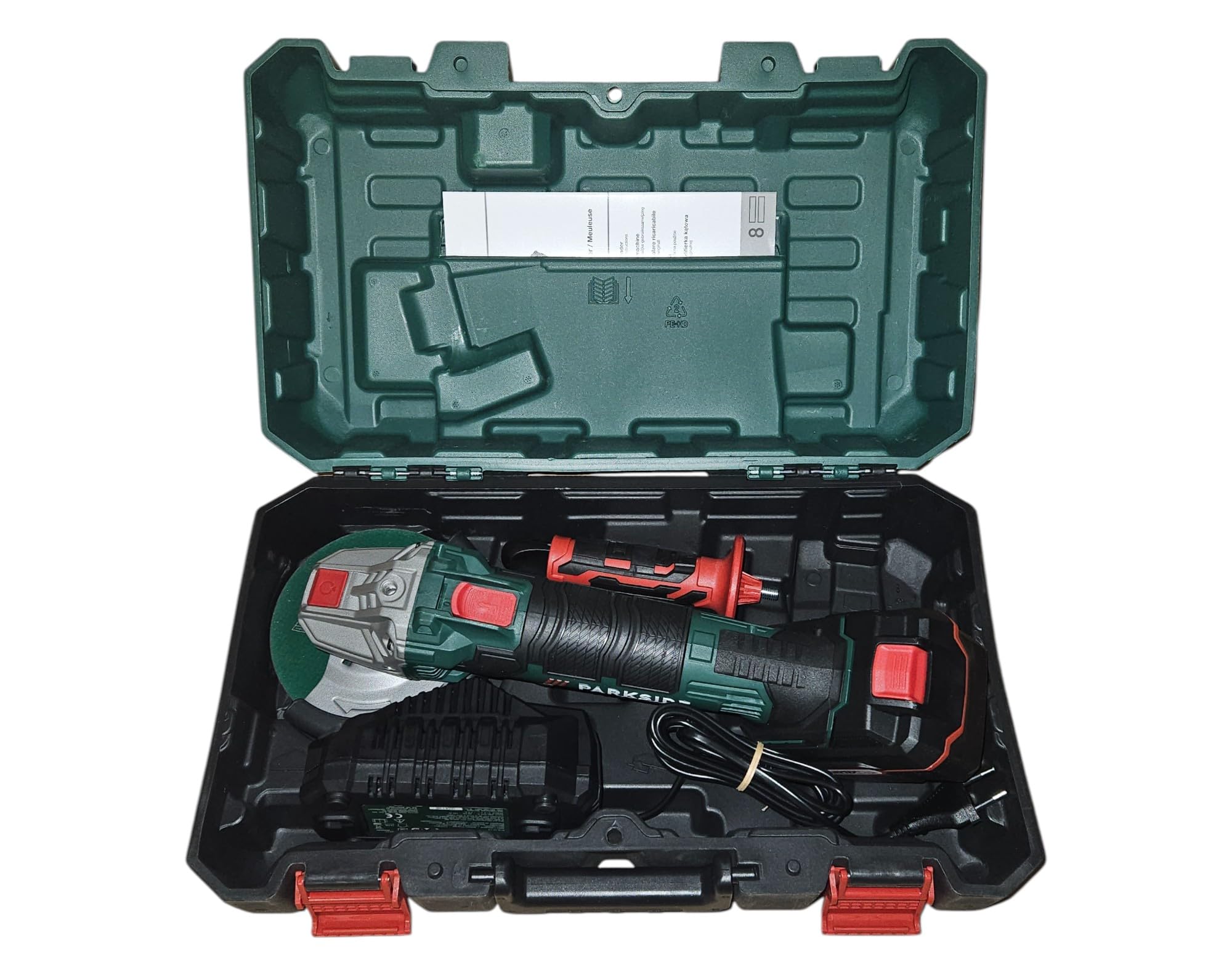 Amoladora angular inalámbrica PWSA B3 X20V (con batería y cargador, en maletín de transporte) Verde