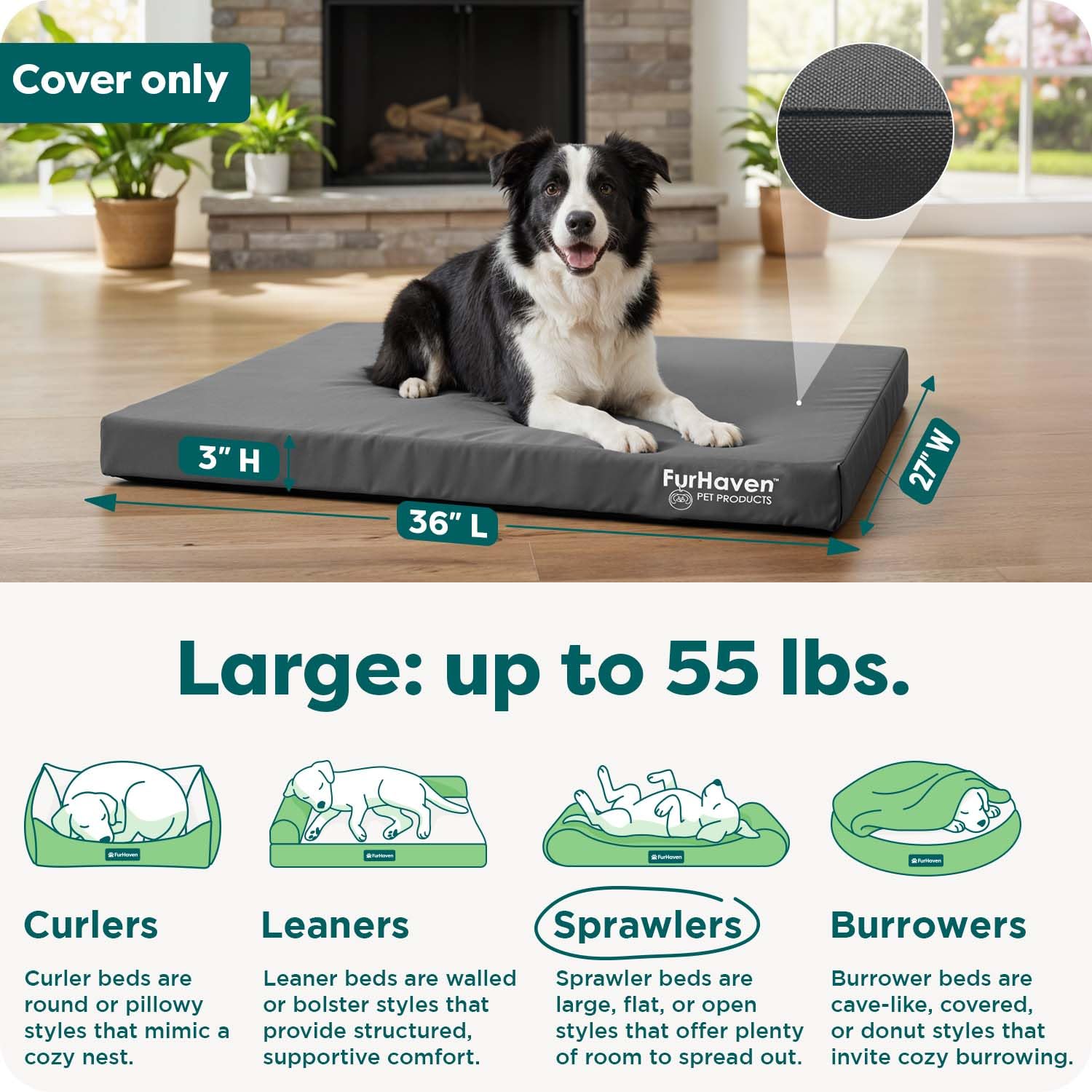 Furhaven Wasserabweisender Ersatzbezug für Hundebett, für drinnen und draußen, Logo-Druck, Steingrau, Größe L