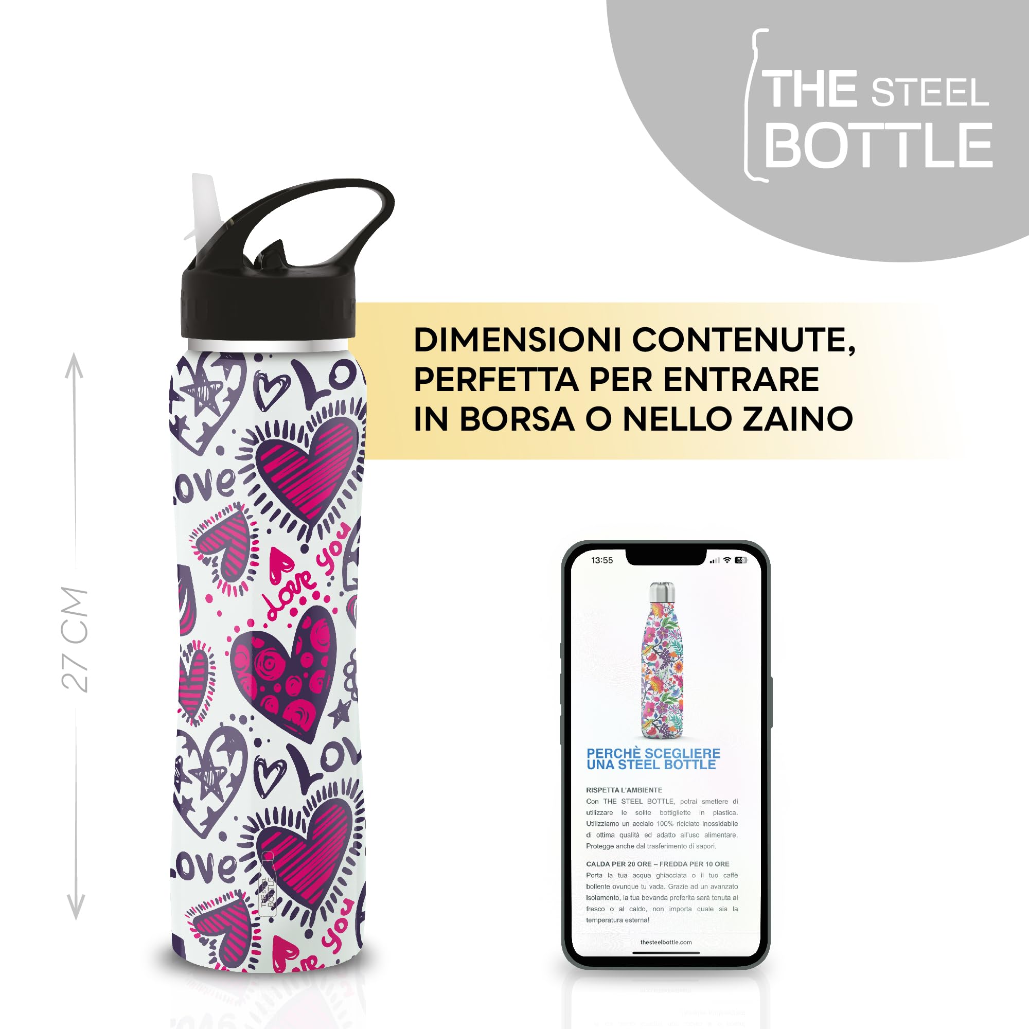 The Steel Bottle - Botella térmica de Acero Inoxidable, Aislamiento al vacío de Doble Pared, Capacidad 500 ml, Cierre hermético, Botella portátil