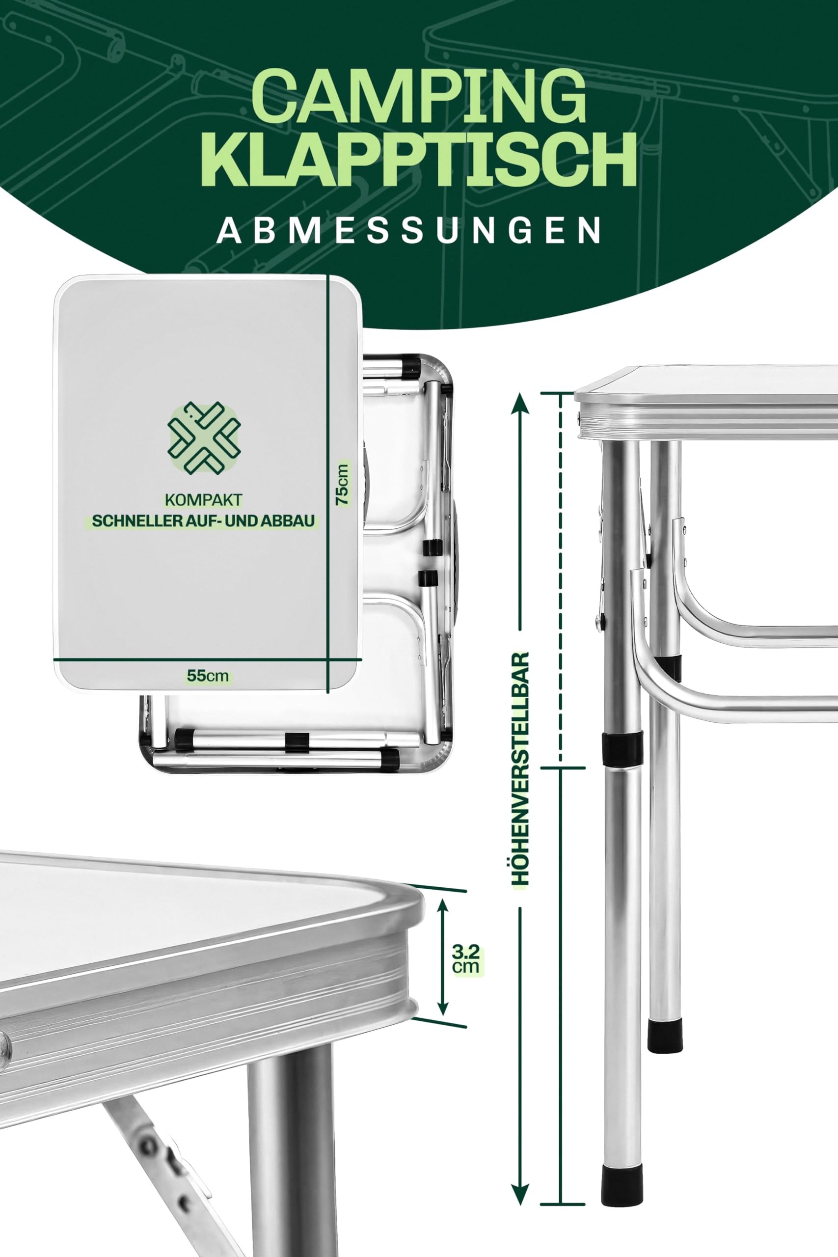 Blumixx Klapptisch Campingtisch - Verstellbare Höhe und Tragegriff - Superleicht aus Aluminium - 75x55x26/60cm – Faltbarer Garten- und Balkontisch
