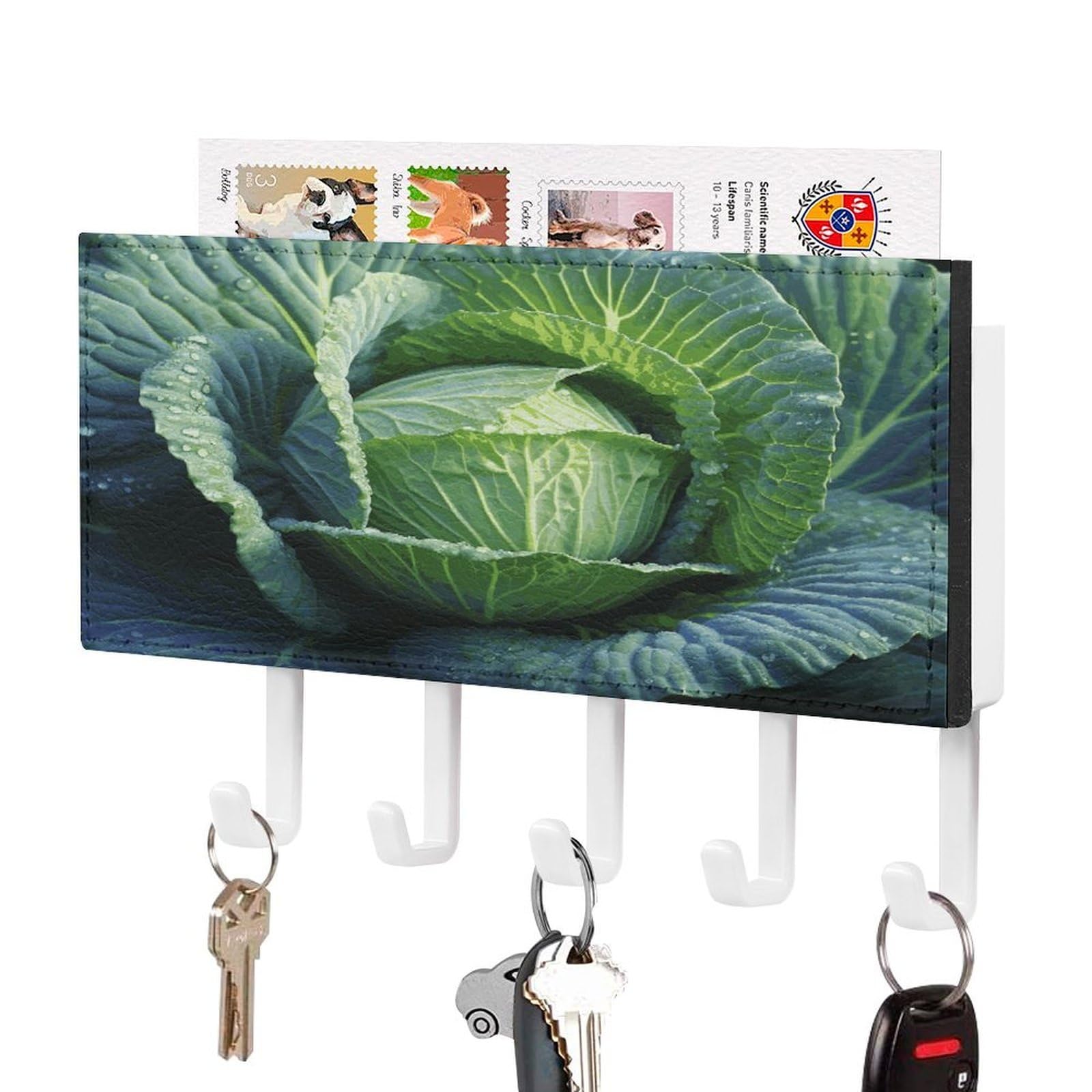JTREHY Bright Cabbage Key Holder Wall Mount Decorative Key and Mail Holder PU Leather Adhesive Key Organizer Hanging Key Hooks Wall Shelf with 5 Hooks for Entryway Hallway Office