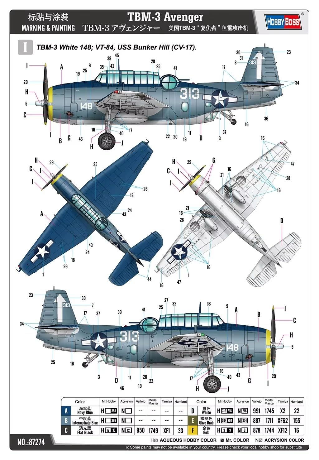 Hobby Boss 87274 1/72 Escala US TBM-3 Avenger Kit de modelo de plástico