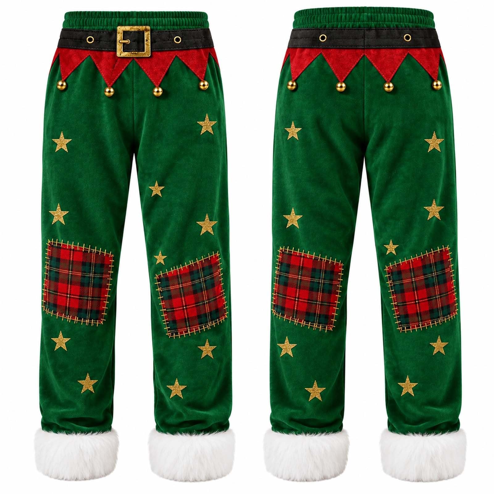 Christmas Costume Pants for Men Green Flannel Xmas Holiday Trousers with Pl