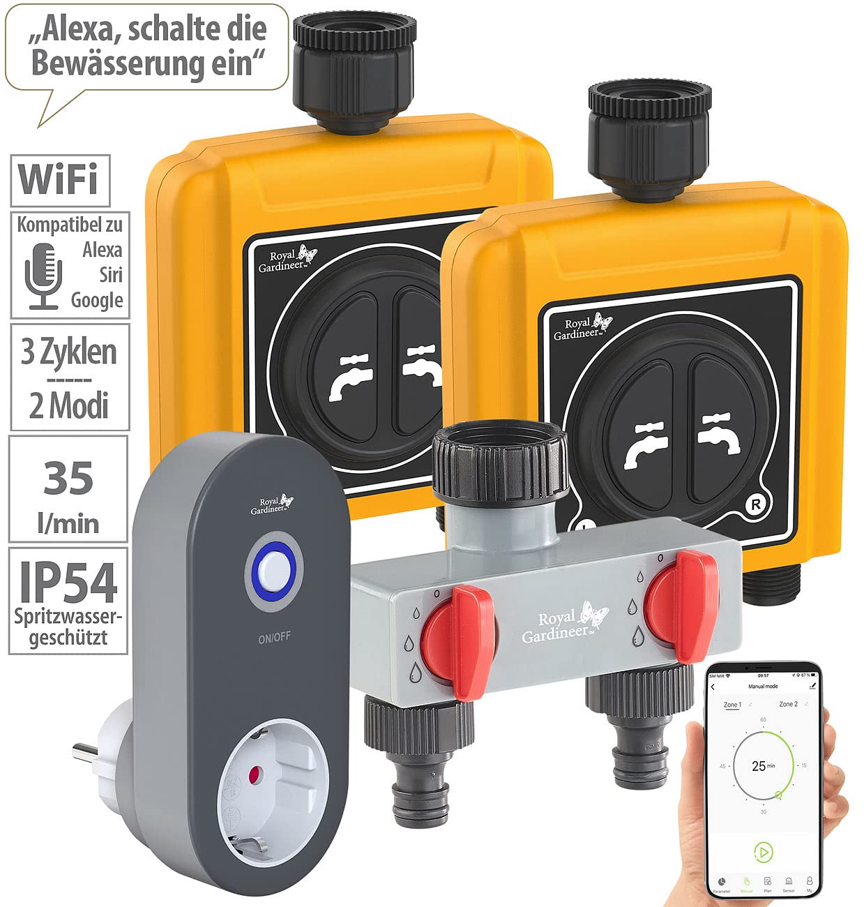 Royal Gardineer Bewässerungs-Ventile: WLAN-Bewässerungscomputer mit 2 Dual-Ventilen, 2-Fach-Wasserverteiler (Dual Bewässerungsventil, Bewässerungsystem, Home)