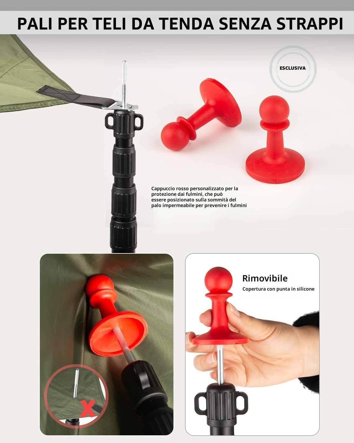 Set di 4 pali telescopici in alluminio aeronautico con cappuccio di protezione, resistenti al vento, pieghevoli, set di 4 per teloni, tettoie, tende da sole, escursioni