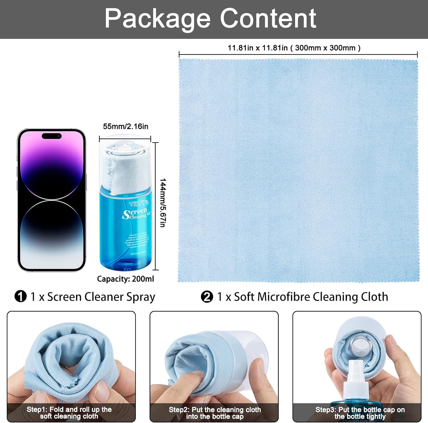 Vruta 2 in 1 Cleaner Spray, Screen Laptop Cleaning kit Desktop Computer Dust Remover Car Interior Cleaner TV Touchscreen Mist Cleaning Kit Professional Quality/Prevents Static Electricity, 200ml 1
