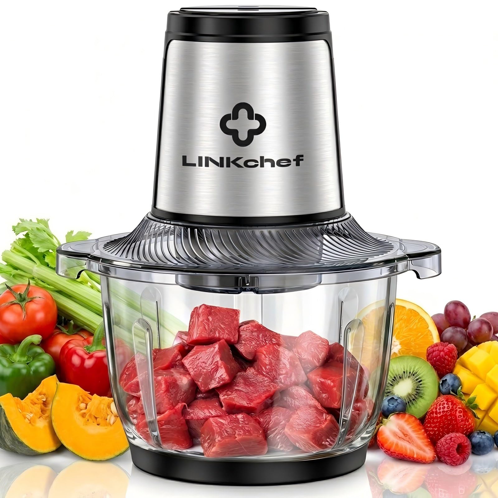 LINKChef Hachoir Électrique 1,5L Bol en Verre, 2 Vitesses, Lames en Acier Inox à 3 Niveaux – Mini Robot de Cuisine pour Viande, Légumes, Noix & Aliments Bébé