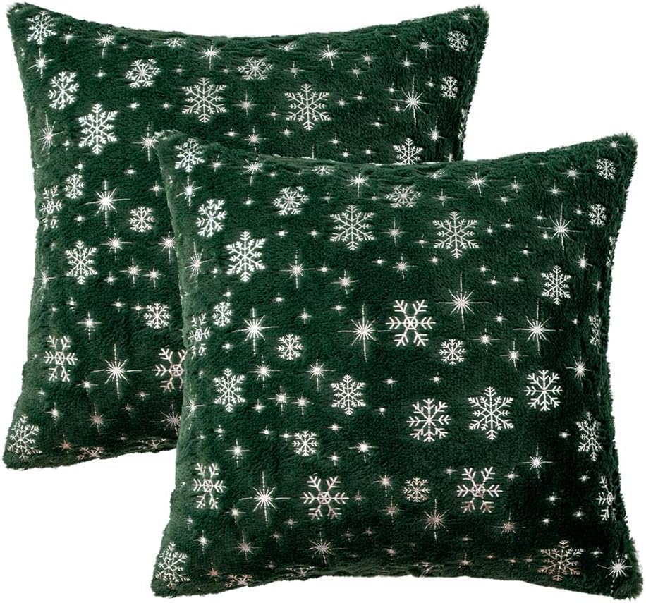 MIULEE Set of 2 Christmas Decorative Throw Pillow Covers Soft Faux Fur Winter Pillow Covers with Silver Snowflake Glitter Holiday Festival Pillowcases for Couch Sofa Bed, 24×24inch, Dark Green