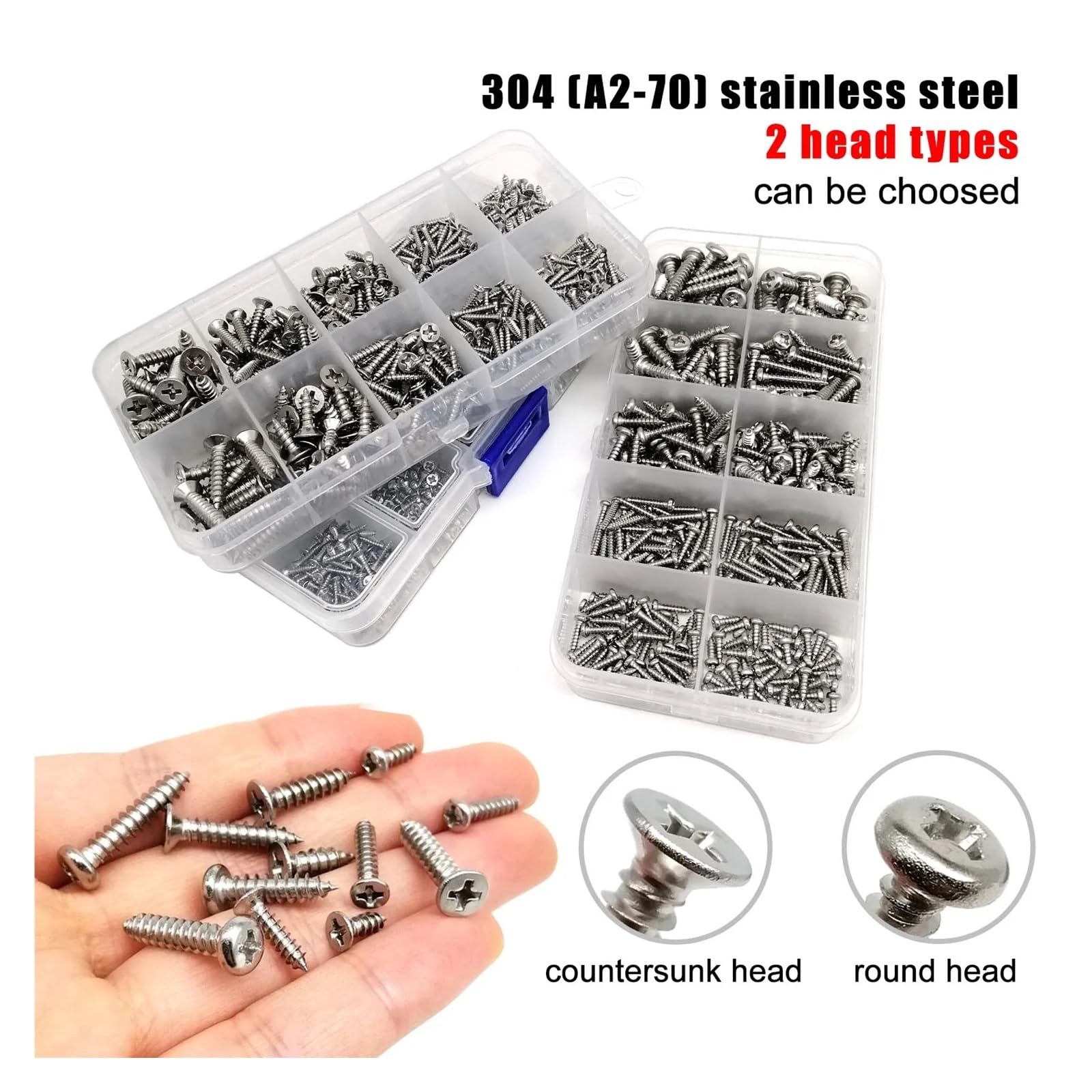 1 Kit Mix Größen M1.2 M1.4 M1.7 M2 M3 M4 Flache Senkkopf Rundkopf Selbstschneidende Holzschrauben Set 304 Edelstahl(Countersunk 1010pc)
