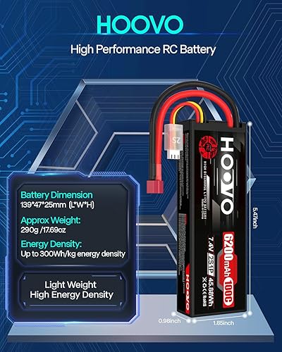 Miniatura 3 de HOOVO 2S Lipo - Batería LiPo de 7.4 V, 6200 mAh, 100C, estuche rígido con enchufe en T, compatible con vehículos RC Buggy, coche, barco, camión,