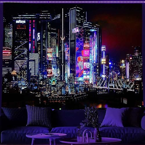 Miniatura 5 de Ine Ive Tapiz Blacklight con vista a la ciudad, arte de pared punk reactivo a los rayos UV, vista de edificio urbano neón, decoración de sala de