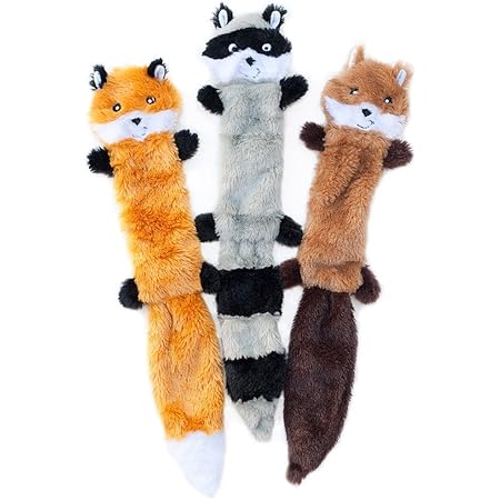 ZippyPaws - Skinny Peltz No Stuffing Squeaky Plush Dog Toy, Fox, Raccoon, and Squirrel