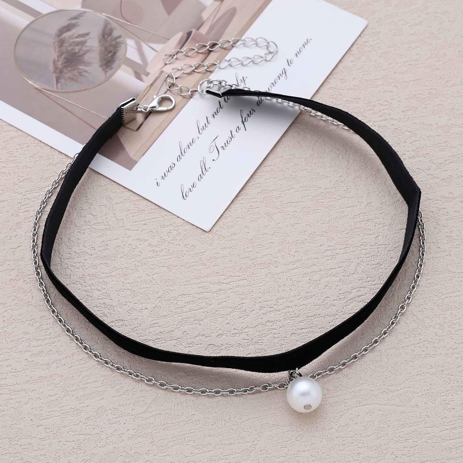 Vintage Layered Black Velvet Choker Necklace Boho Pearl Pendant Necklace Floating Pearl Choker Necklace Short Black Leather Necklace Boho Suede Clavicle Necklace Jewelry for Women - Image 3