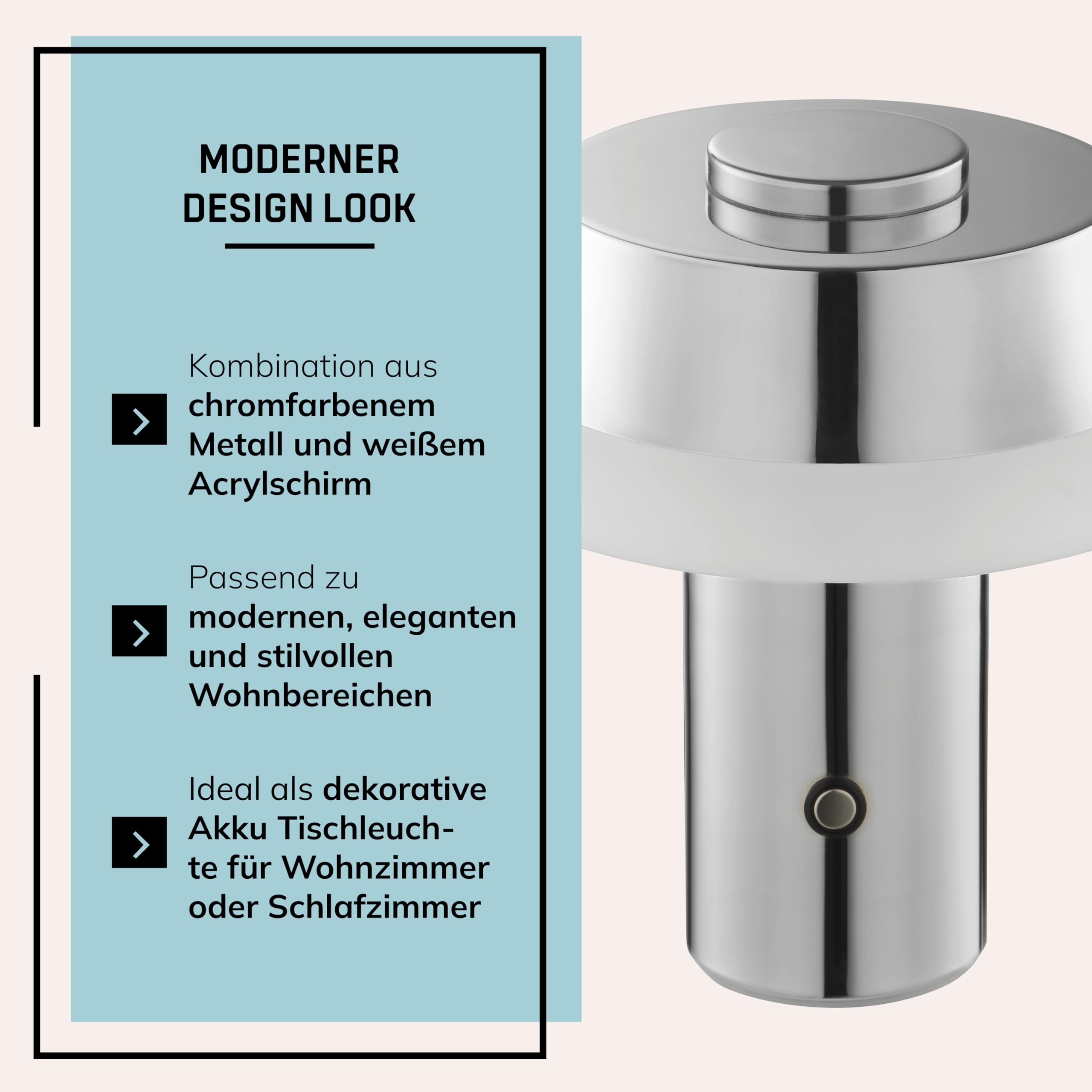 Lightbox LED Akku Tischlampe Chrome - Nachttischlampe Touch dimmbar & kabellos - 2,5W, 240lm, 2700K warmweiß - Wireless Charging