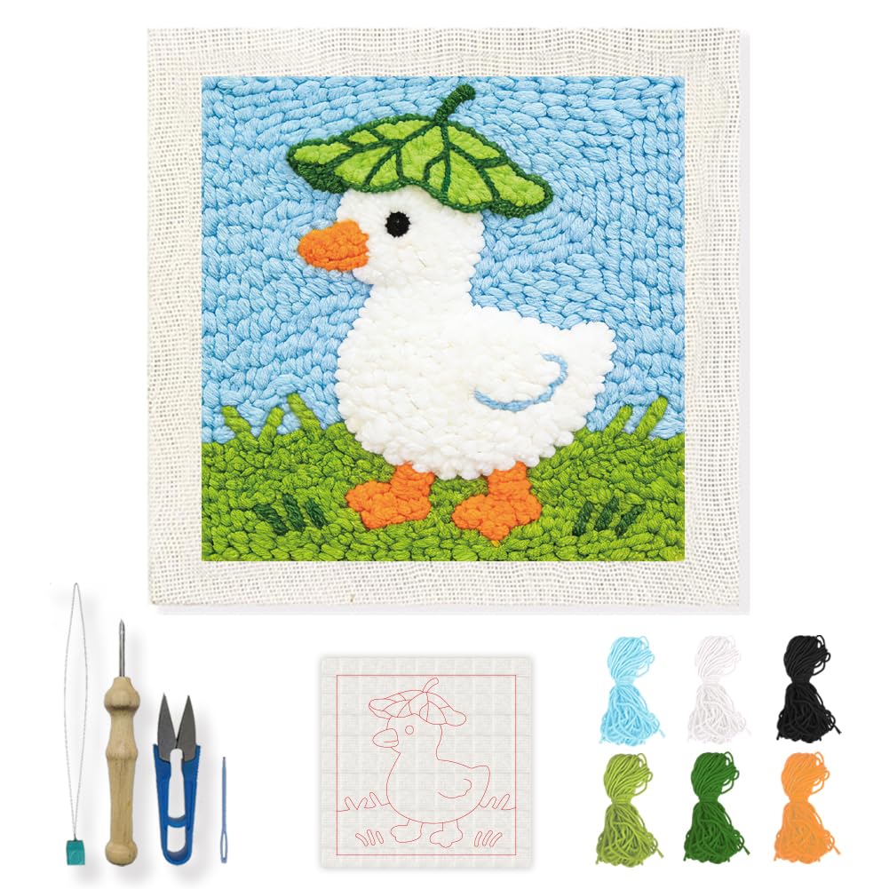 INFUNLY Duck Punch Needle Kit 9.4x9.4 DIY Punch Embroidery Kit for Adults Lotus Leaf Needlepoint Starter Kit Square Needles Stitching Kit with Instruction for DIY Craft Lovers Gift — image 1