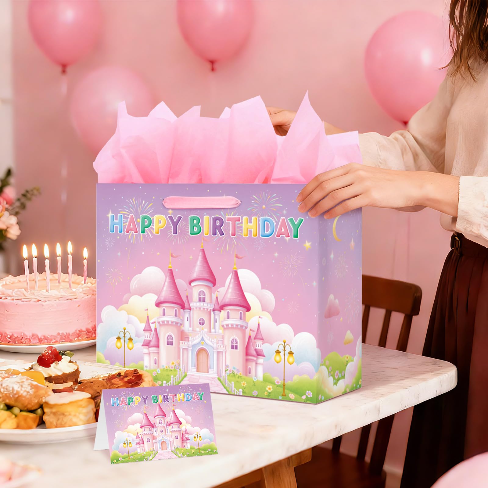 Princess Castle Birthday Gift Bag Set - Includes Card & Tissue Paper, Medium Size 13x10.2x4.9”, Ideal Birthday Bag for Women, Girls, and Kids’ Party