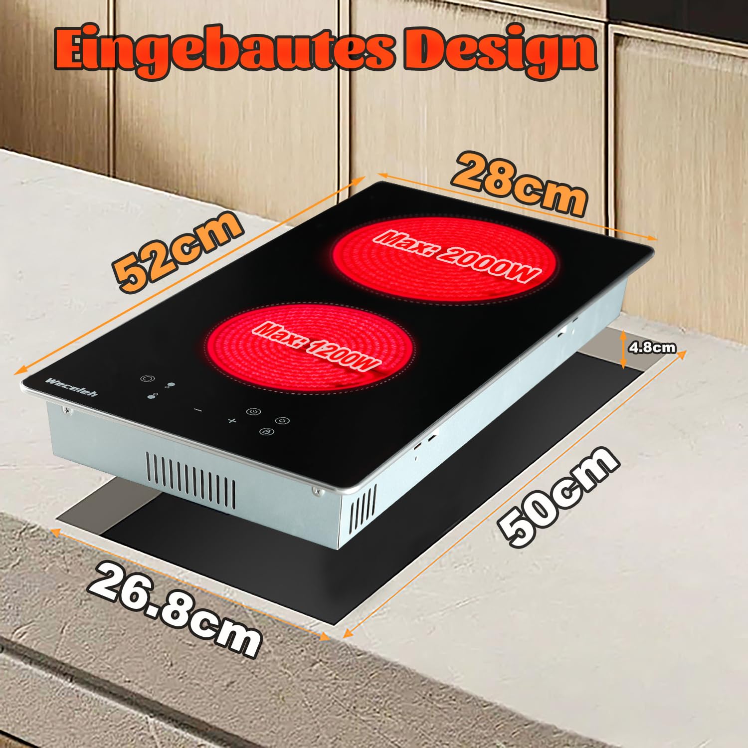Electric Cooktop Autarkes Glaskeramikkochfeld 2 Platten Einbau, Einbau 2 Kochfelder Herdplatte, Kochplatte mit Stecker 220v, 2 Zonen, 28 cm, 3200W, Schwarz