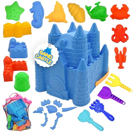 Kids Beach Sand Toys Set, 27pcs Beach Toys Castle Molds Sand Molds, Beach Bucket, Beach Shovel Tool Kit, Sandbox Toys for Toddlers, for Toddlers Kids Outdoor Indoor Play Gift 1 Bonus Mesh Bag Include