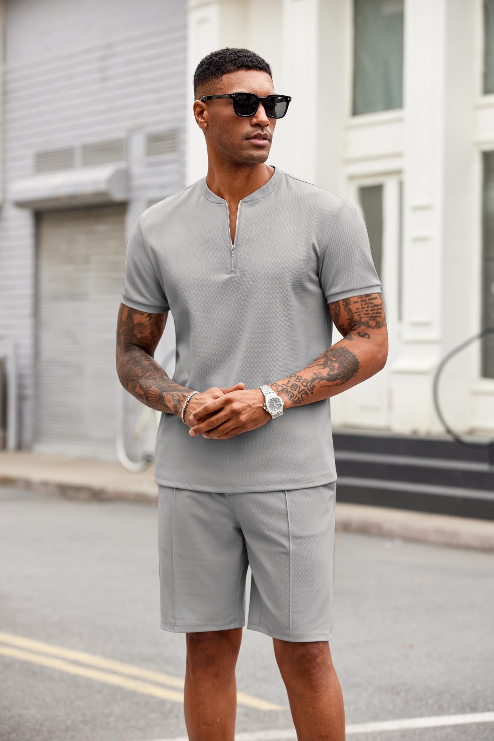 COOFANDY Tuta da uomo 2 pezzi casual polo con zip a un quarto e pantaloncini set atletico jogging estate tuta
