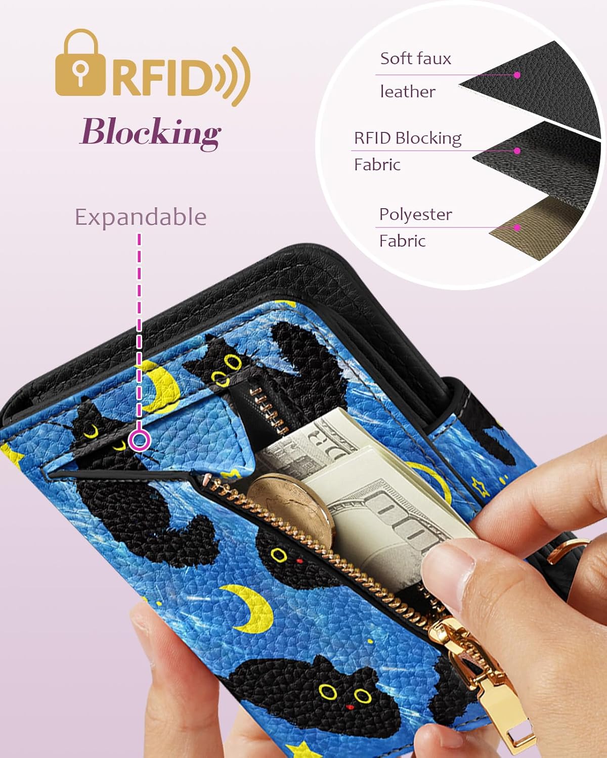 Bistup Wallet for Women Cute Small Card Wallet Genuine Leather Rfid with Keychain for Ladies Teen Girls Female Girly Aesthetic Blue Black Cat Unique Kawaii Pretty Modern Bifold Credit Card Holder - Image 4