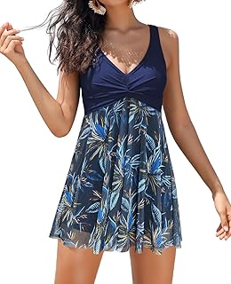 Womens V Neck One Piece Swimsuit Net Yarn Modest Tummy Control Skirtini Swimdress Bathing Suits - Buy now