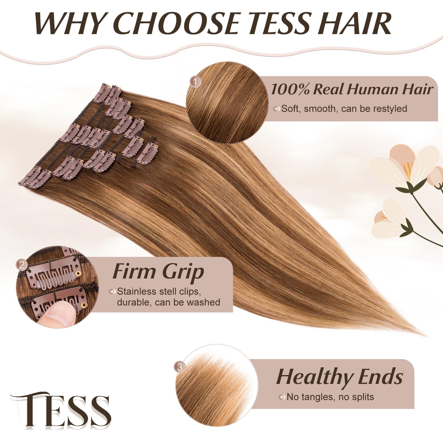 TESS Clip in Hair Extensions Real Human Hair Balayage Remy Seamless 8 Pieces Straight for Women/Girls (#4T4P27 Chocolate Brown to Caramel Blonde - Image 3