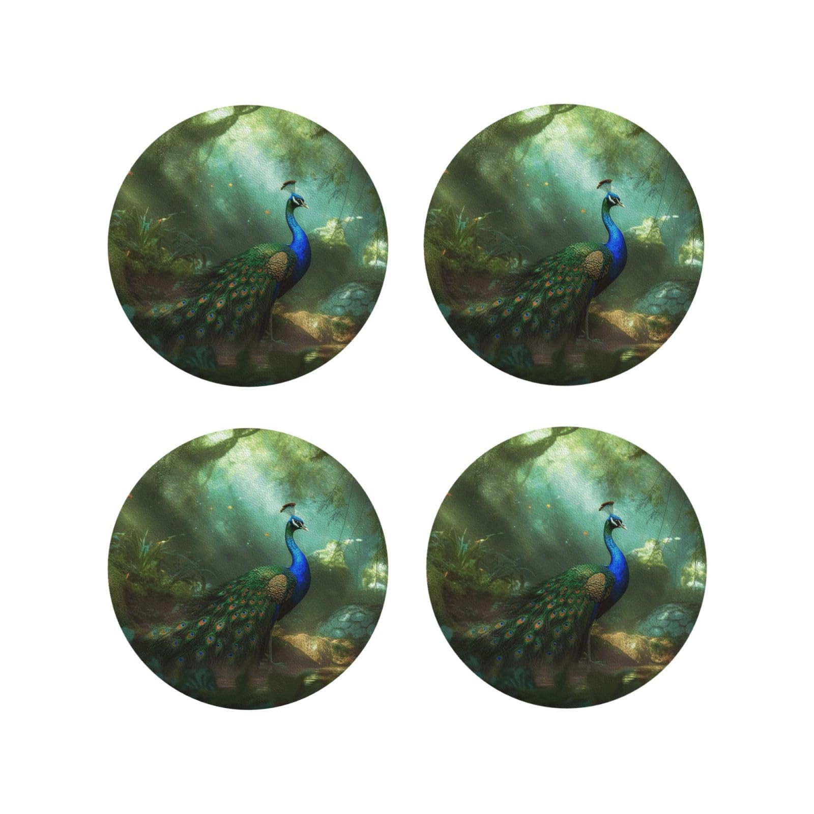 4pcs Drink Coasters for Tabletop Protection, 4" Leather Coasters for Drinks, Peacock Cup Coasters for Coffee Table Decor, Non-Slip Drinking Cup Mat for Hot Or Cold Drink