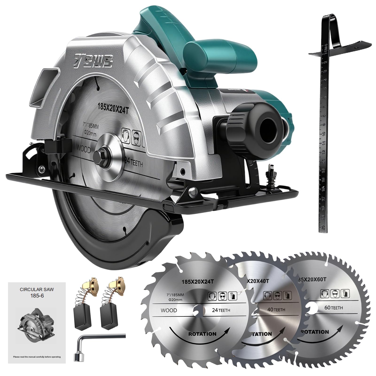 Sierra Circular Profesional 1200W con Hojas de Sierra de 24T+40T+60T(Ø185mm), Sierra Circular de Mano 5200 RPM, Profundidad Máxima de Corte 65mm, cortes a inglete de 0 a 45°
