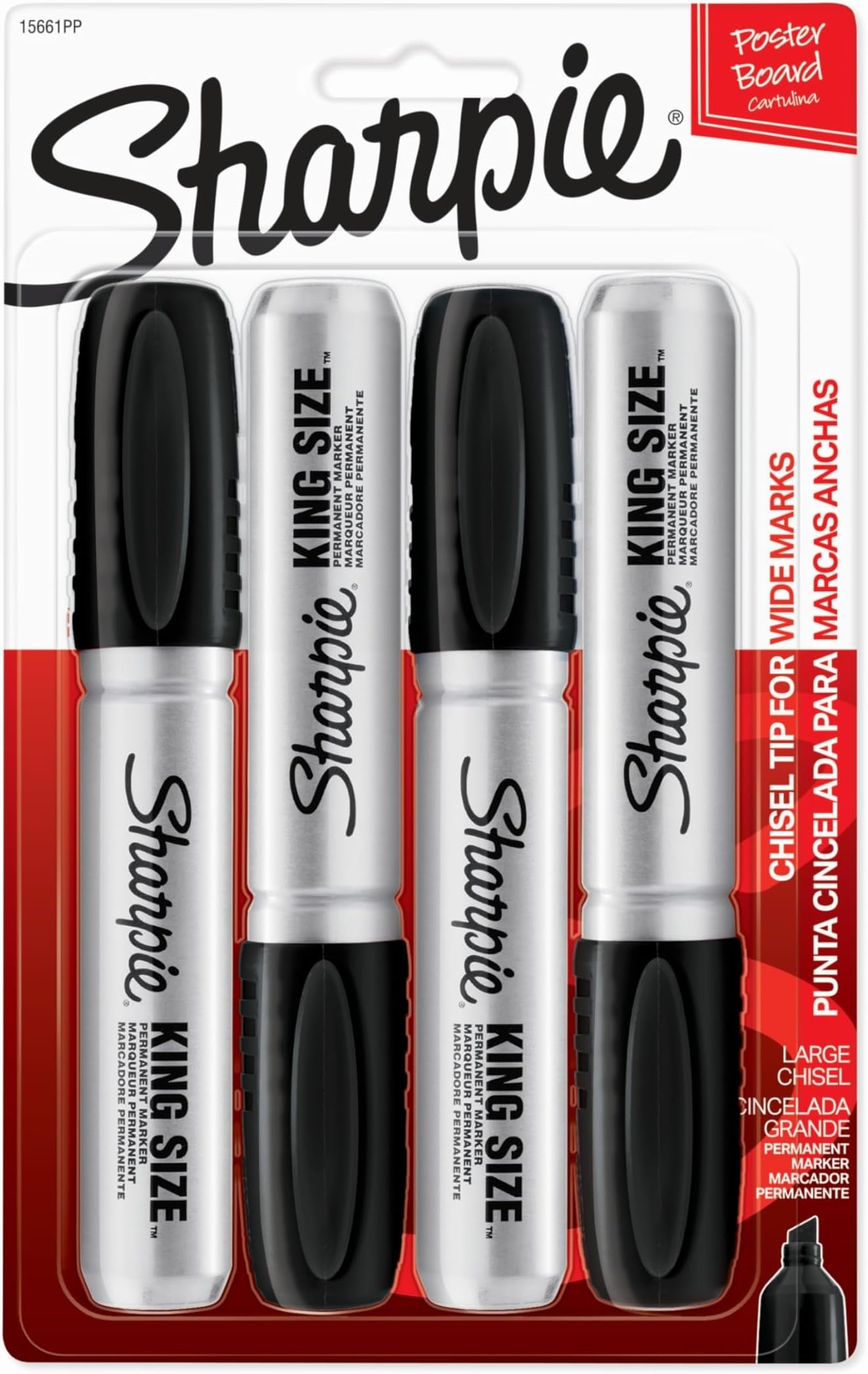 King Size Permanent Markers, Large Chisel Tip, Black, 4 Count - Office Supplies, Quick Drying, Great for Poster Boards