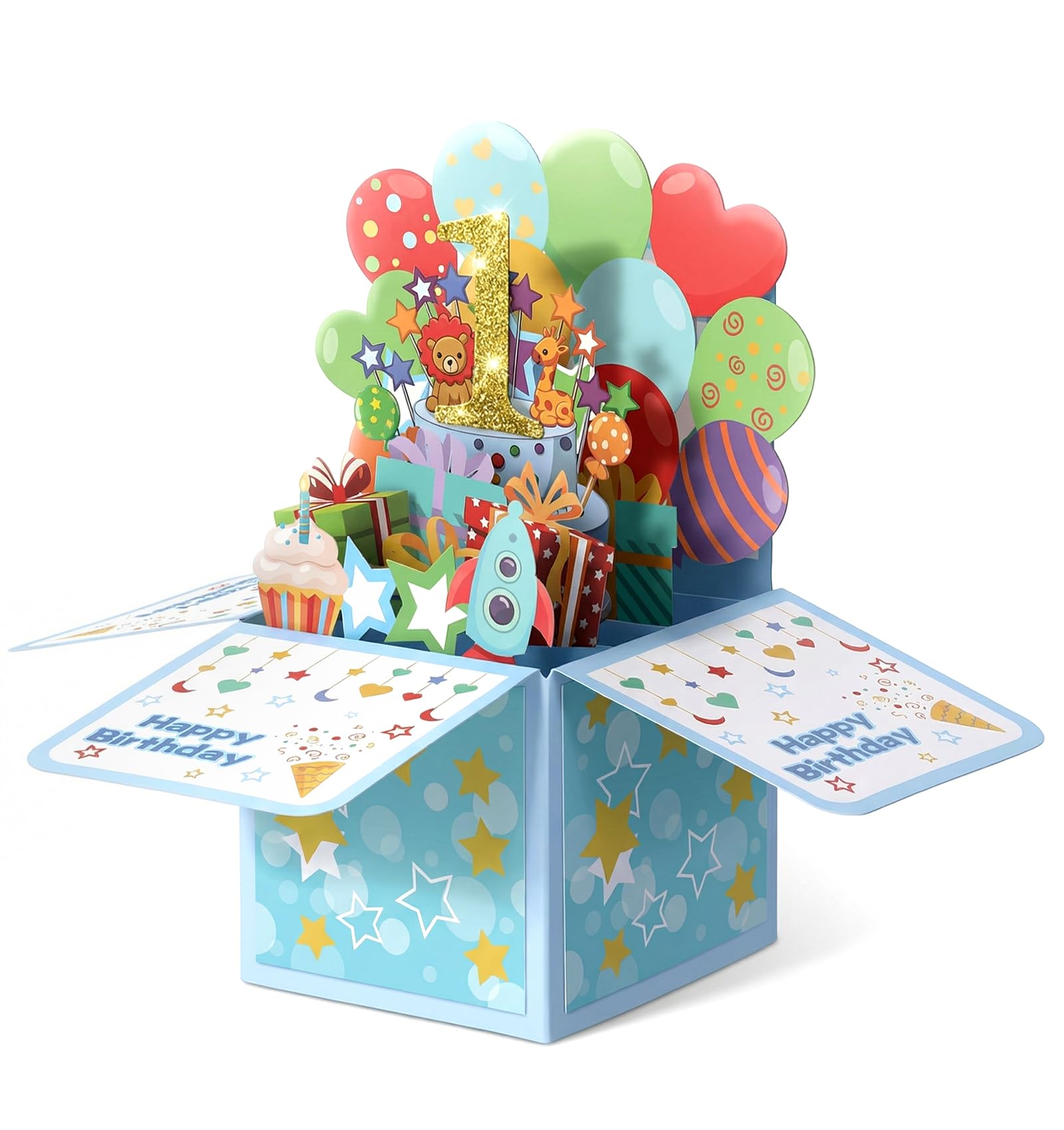 Birthday Card for 1 Year Old Boy, 3D Pop up First Birthday Card Boy with 1 Envelope & 1 Message Card (Blue, 7.5 X 7.3 Inches)