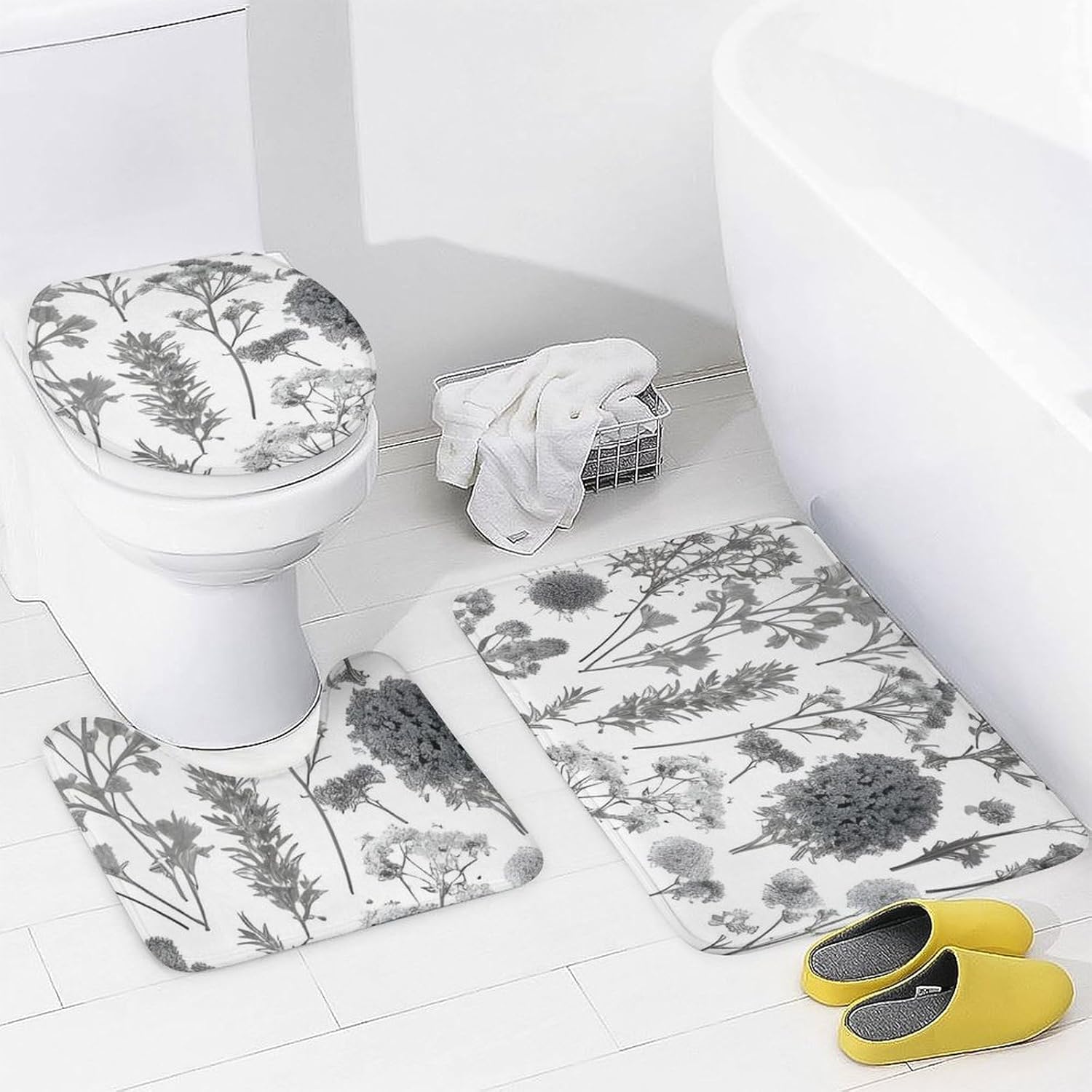 Flowering Herbs Shower Curtain Set 4 Piece, Non-Slip Bath Mat with Toilet Lid Cover and Waterproof Shower Curtain with 12 Hooks, Complete Bathroom Set for Home Decor