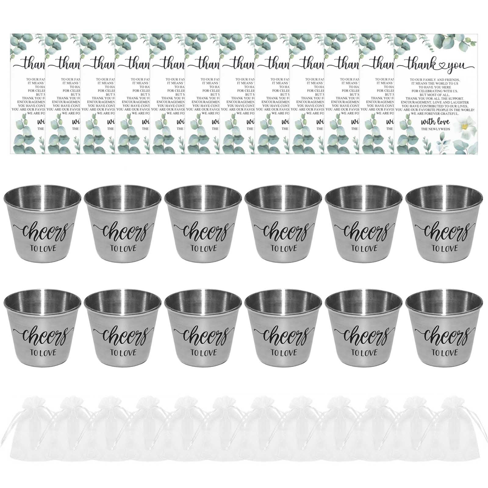 Hsioluted 12Pcs Keepsakes Wedding Souvenirs with Organza Bags and Thank You Card Stainless Steel Cups Parties Supplies Wedding Keepsakes