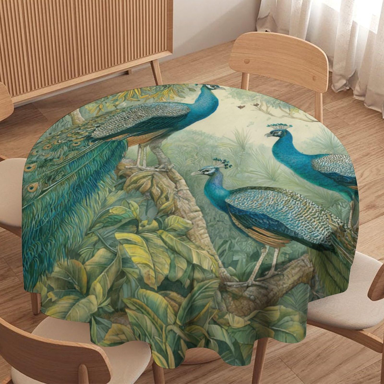 LUYYSKY Beautiful Elegant Birds Peacocks Waterproof Round Tablecloth Mid Century Classic Botanical Branch Animals Peacocks Pattern Washable Table Cover for Kitchen-91.4" Wx91.4 L cm