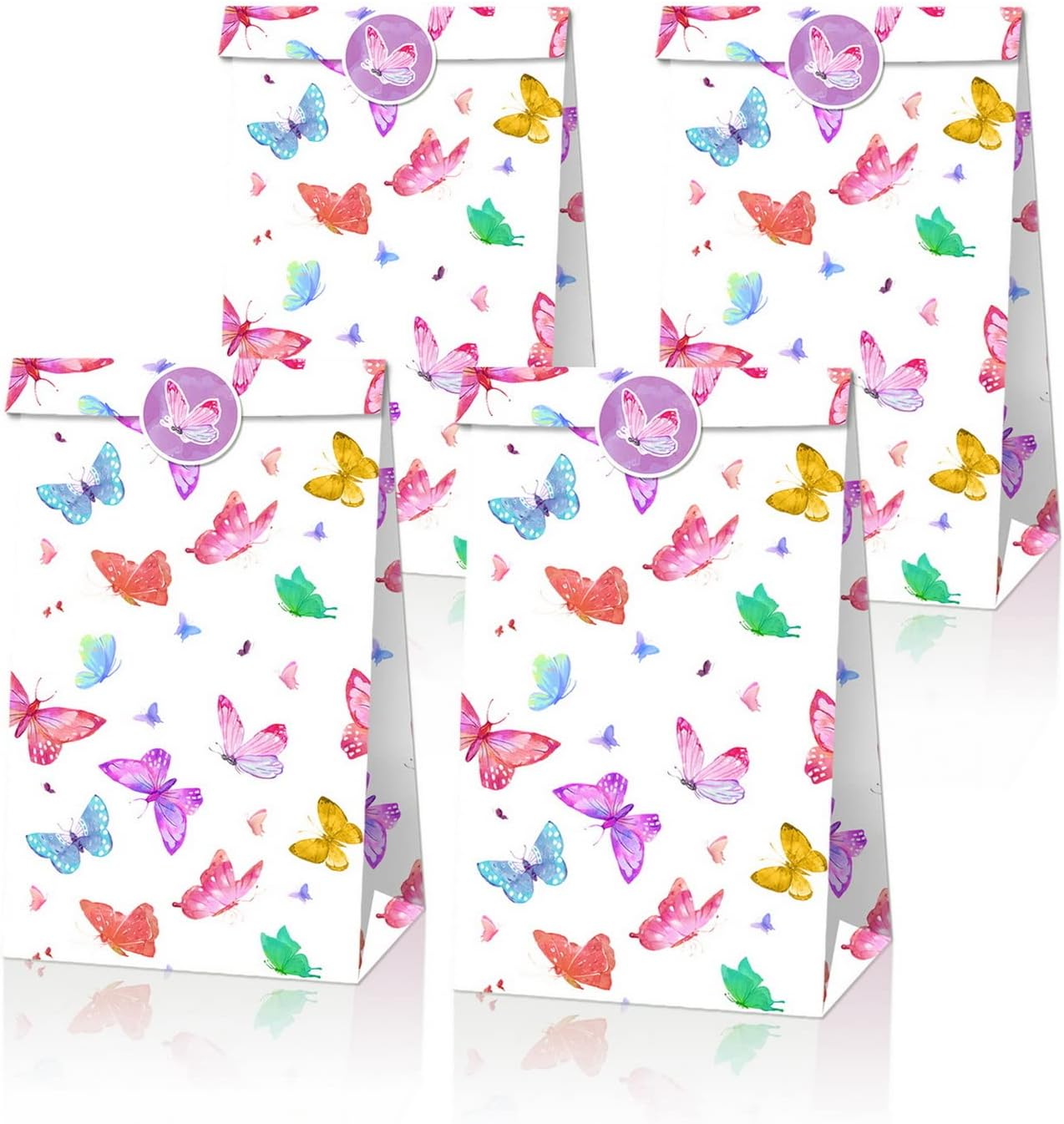 COSFAN12pcs Paper Gift Bags with Stickers Butterflies Treat Paper Bags Flat Bottom Kraft Gift Bags Candy Gift Bags Birthday Party Wedding Supplies