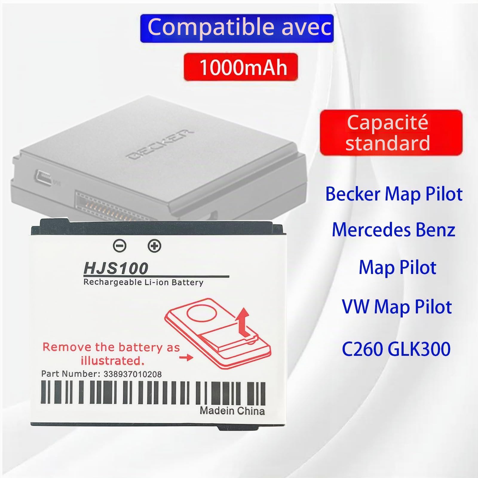 HJS-100 Batterie de rechange HJS100 compatible avec Becker HJS100, HJS-100, Map Pilot, Mercedes Benz Map Pilot, VW Map Pilot, remplace Becker 338937010208 Mercedes Benz Map Pilot, C260 GLK300