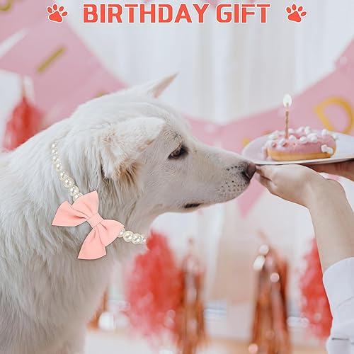 Miniatura 6 de LEIFIDE Collar de perlas para perro, joyería con colgante de lazo rosa, collares de perlas elegantes, collar ajustable para perros y gatos, collar