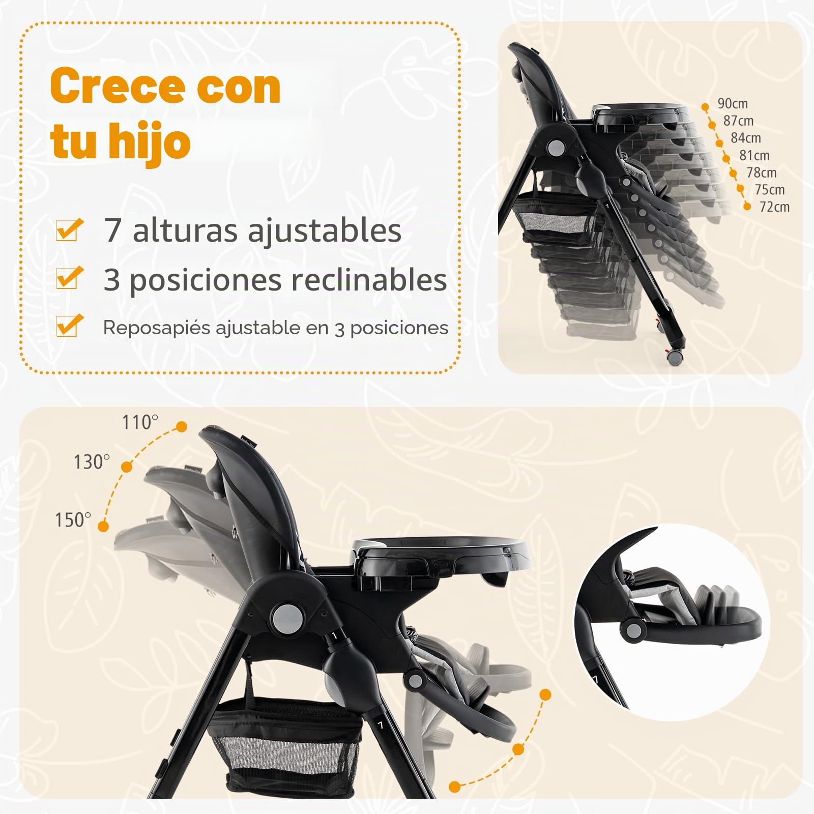 GOPLUS Trona para bebé con bandeja doble extraíble, respaldo ajustable, reposapiés y altura del asiento, silla de alimentación con ruedas y bolsa de almacenamiento para bebés de 6 a 36 meses (negro)