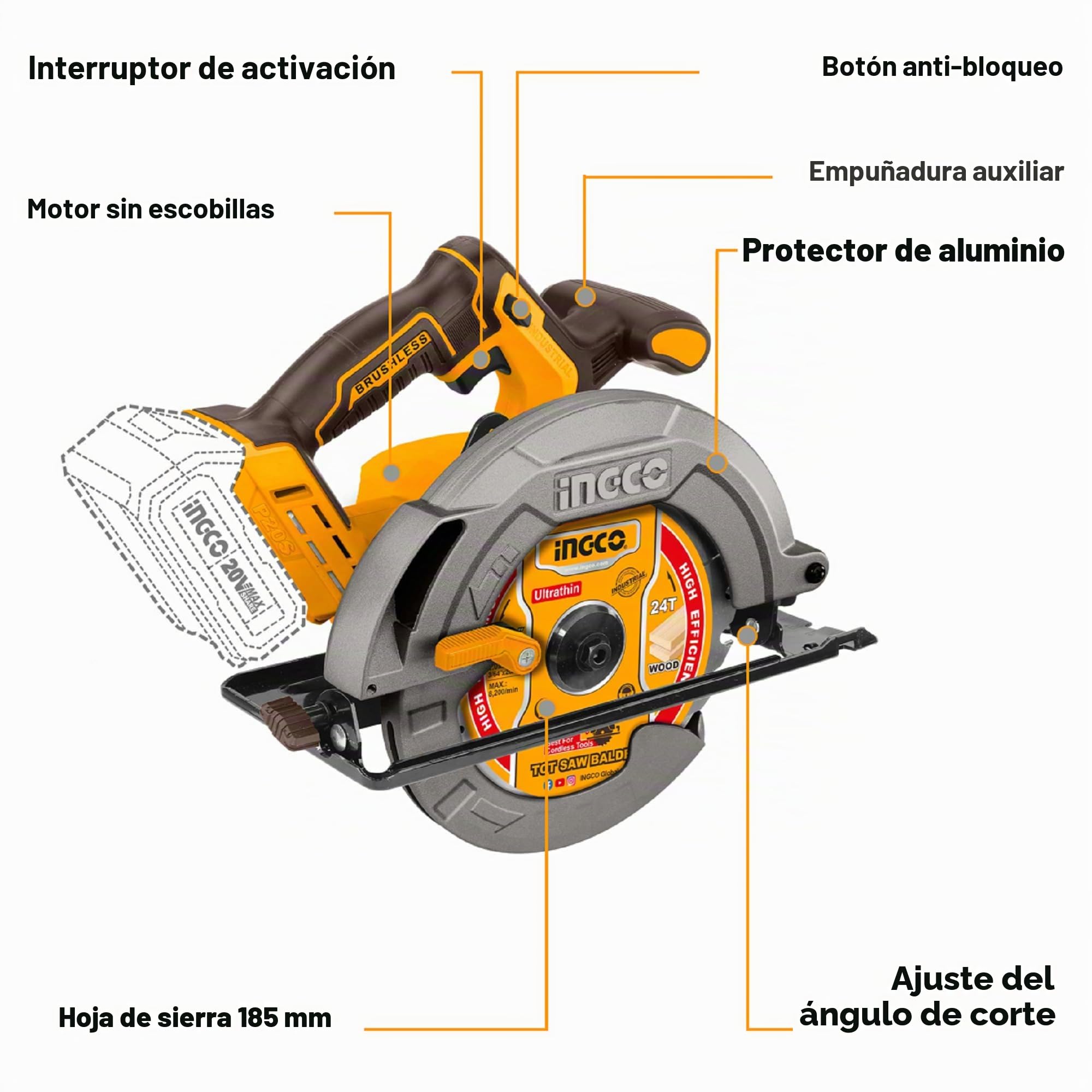 INGCO Sierra circular inalámbrica 20 V (producto solo), diámetro 185 mm, sierras eléctricas sin escobillas 4800 rpm, profundidad de corte máxima 65 mm CSLI1851