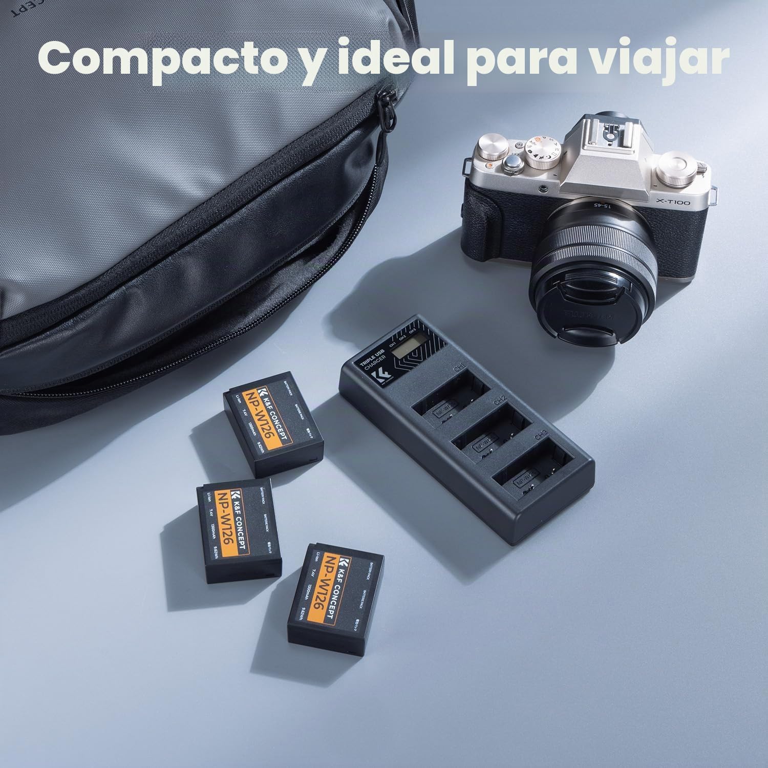 K&F CONCEPT 3-Pack Baterías NP-W126/NP-W126S y Cargador 3 Ranuras, 1300mAh Totalmente Decodificado Compatible con Fujifilm XM5/X100VI/X100V/XS10/XT30 II, LCD y Entradas Micro USB/Type-C