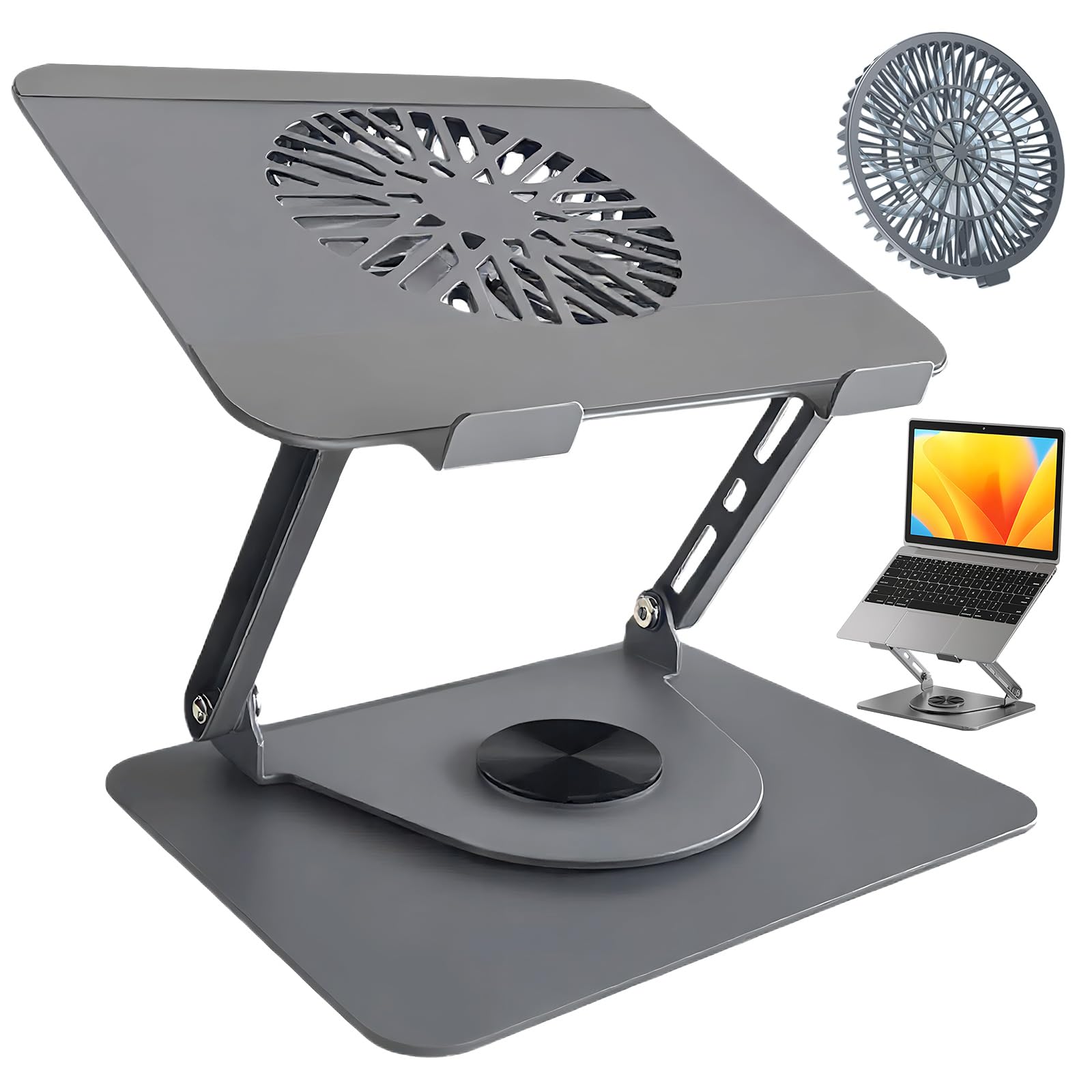 Stojak na laptopa z aluminium, obracany o 360°, składany, z magnetycznym wentylatorem do chłodzenia, kompatybilny z MacBookiem i urządzeniami o przekątnej ekranu 10-17,3" (ciemnoszary)