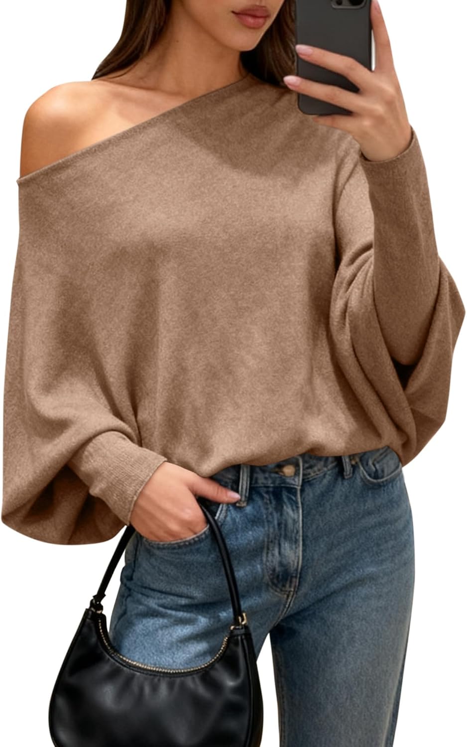 BTFBM Casual Fall Sweaters for Women 2026 Long Batwing Sleeve Ribbed Knit Tops Pullover Loose Off The Shoulder Sweater