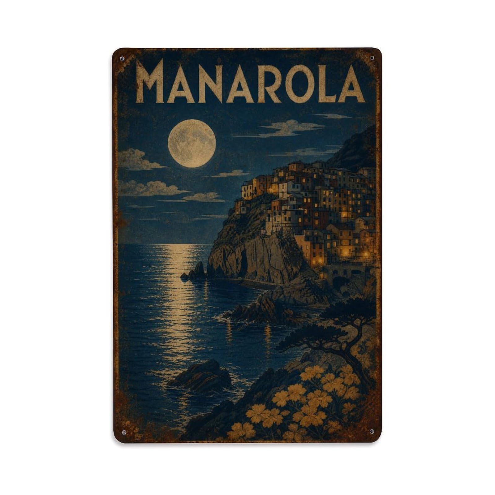 Huiyhb 8X12inch(20X30cm) Vintage Travel Manarola Moonlight Night Sea Reflection Italy Metal Tin Sign