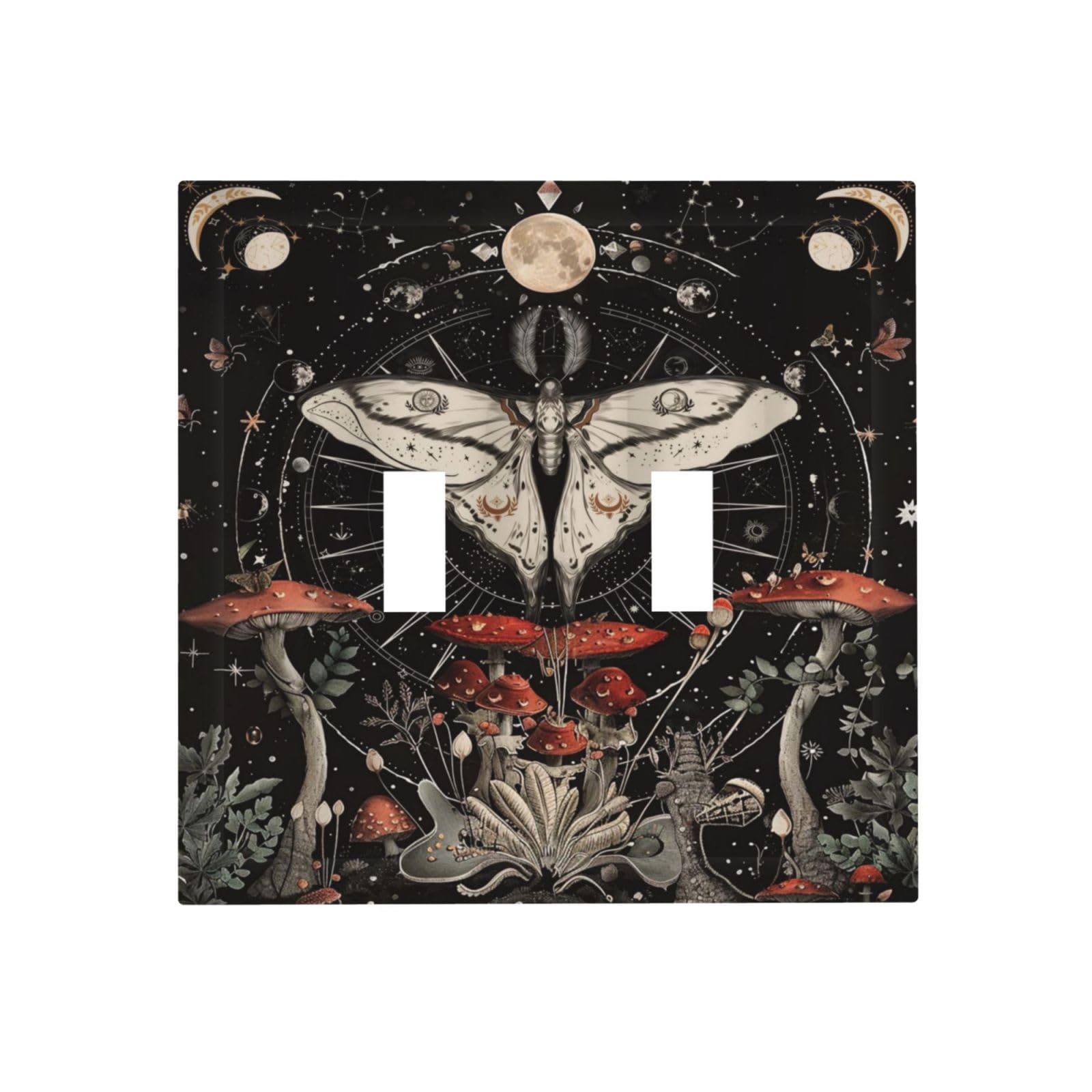 Spshian Moth Butterfly Moon Phase Mushroom Double Toggle Light Switch Covers Plate Decorative 2-Gang Wall Plate Dual Device Electrical Switchplate