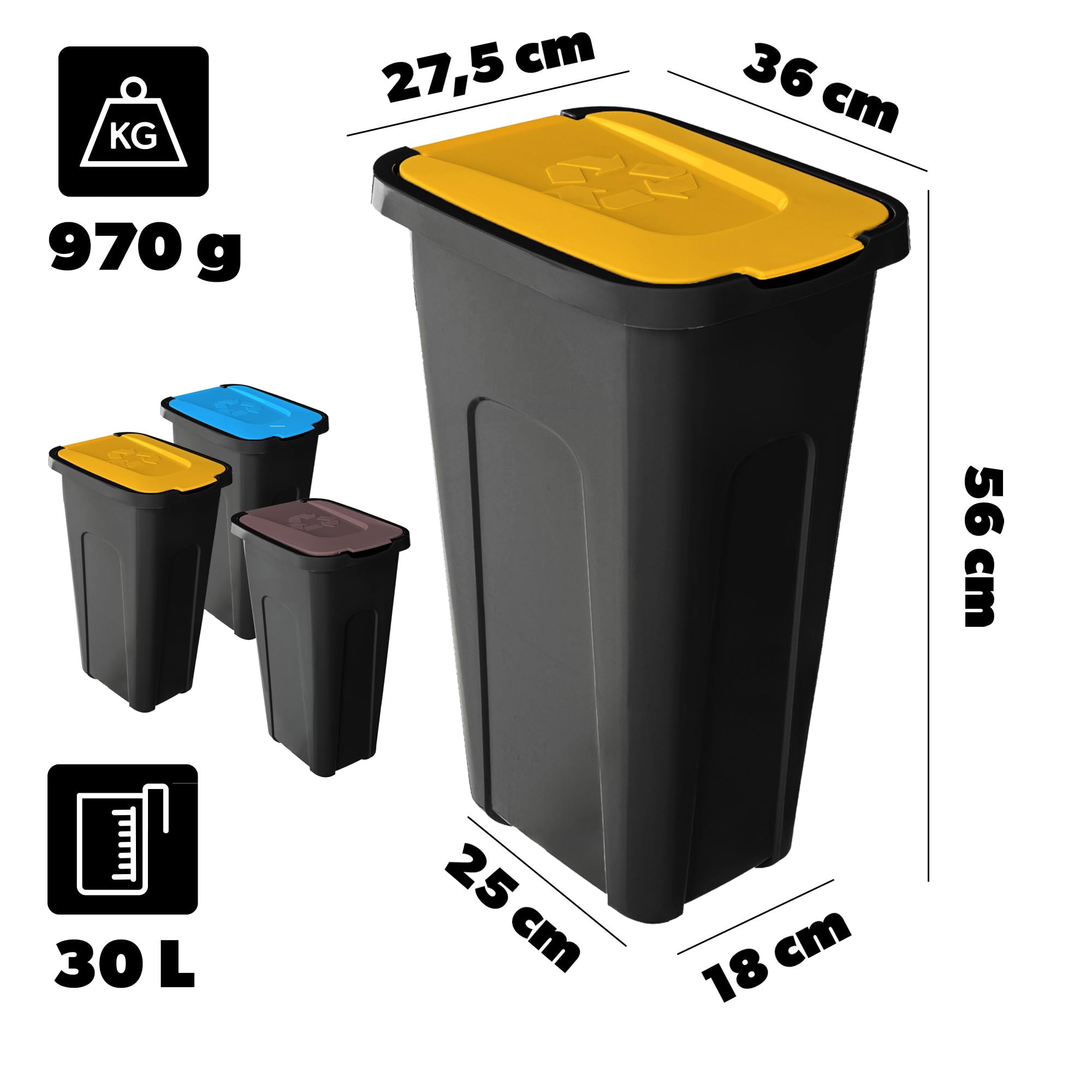 KADAX Juego de cubos de basura de 3 x 30 l, juego de cubos de basura para sistema de reciclaje, cubo de basura de plástico con tapa abatible (3, marrón, amarillo y azul)