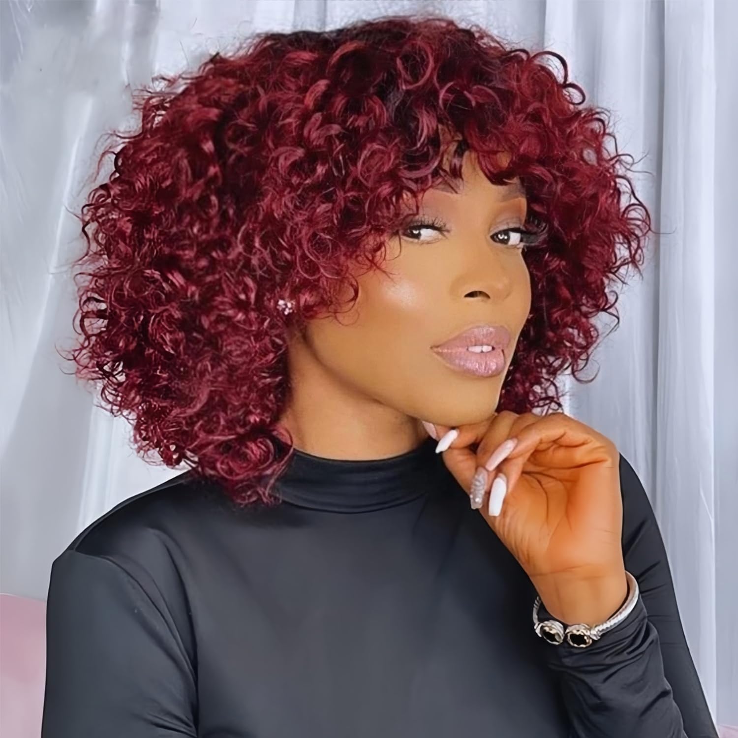 SHUNHUIXC Burgundy Human Hair Wig with Bangs Short Curly Bob Wig with Bangs Human Hair Water Wave Glueless Bob Wig None Lace Jerry Curl 180% Density